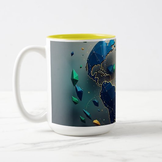 Geometric Earth Art, Abstract Global Network Mug Tweekleurige Koffiemok (Links)