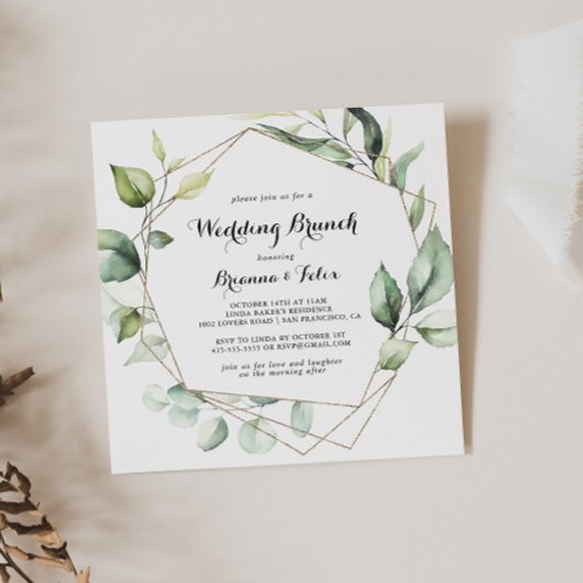Geometric Elegant Gold Greenery Wedding Brunch Kaart