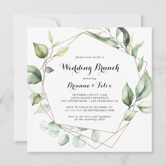 Geometric Elegant Gold Greenery Wedding Brunch Kaart (Voorkant)