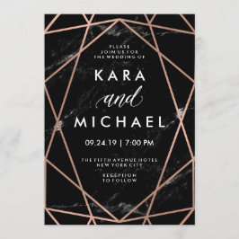 Geometric Faux Roos Gold op Black Marble Wedding Kaart