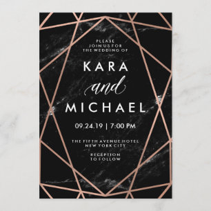 Geometric Faux Roos Gold op Black Marble Wedding Kaart
