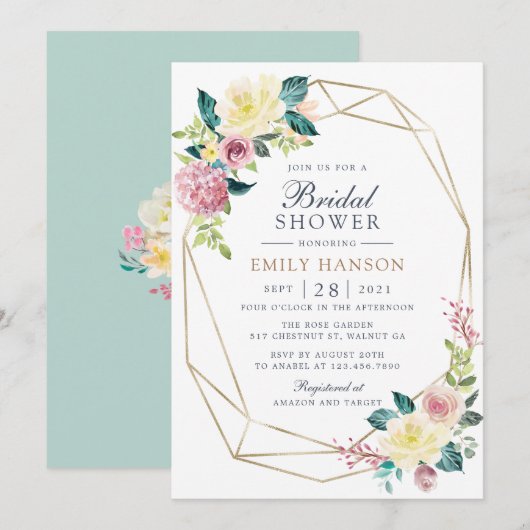 Geometric Floral Blush Greenery Gold Vrijgezellenf Kaart (Voorkant / Achterkant)