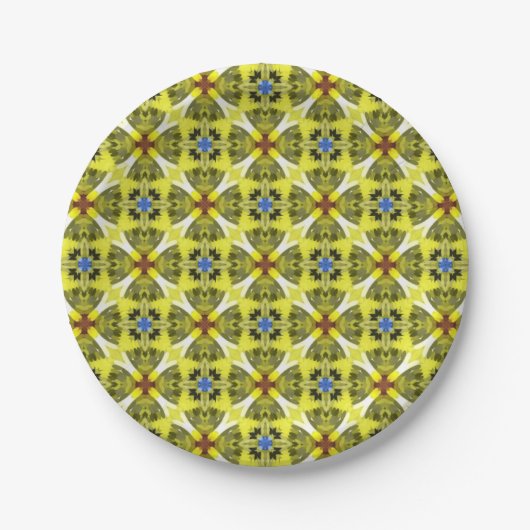 geometric floral pattern in yellow, blue, brown papieren bordje (Voorkant)