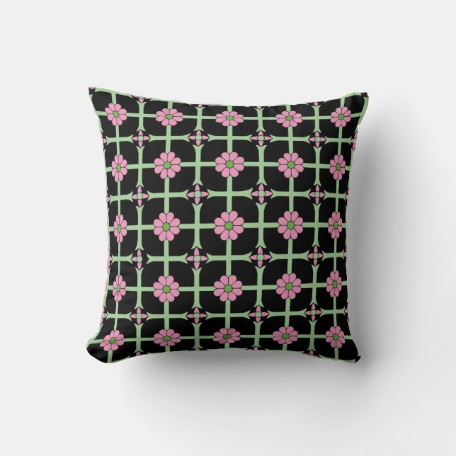 Geometric Floral Pattern roze Green and Black Kussen (Voorkant)