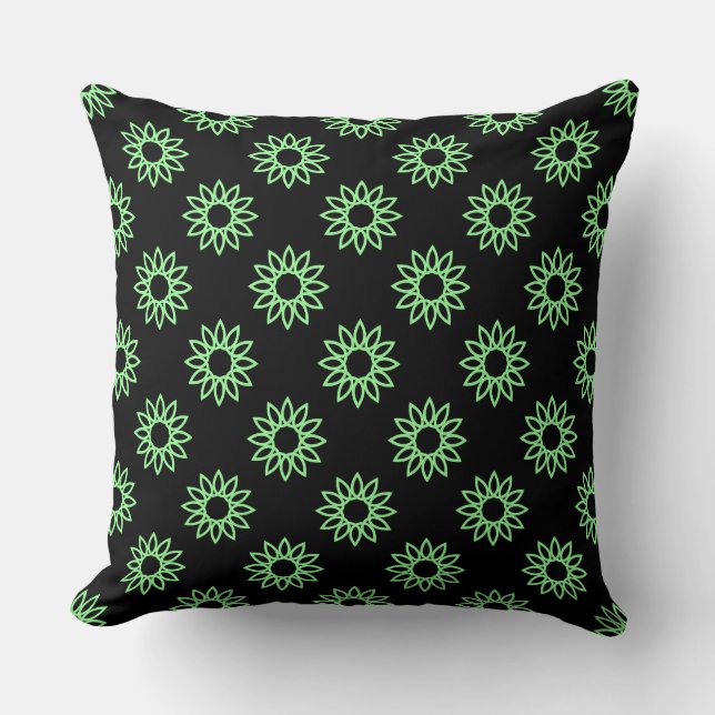 Geometric Flower 01 - Mint Groen op Zwart Kussen (Voorkant)