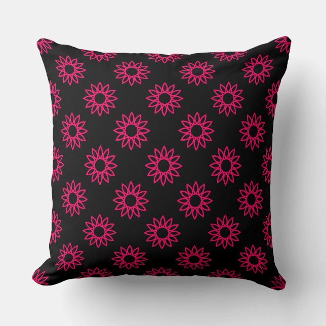 Geometric Flower 01 - Neon Rood op Zwart Kussen (Voorkant)