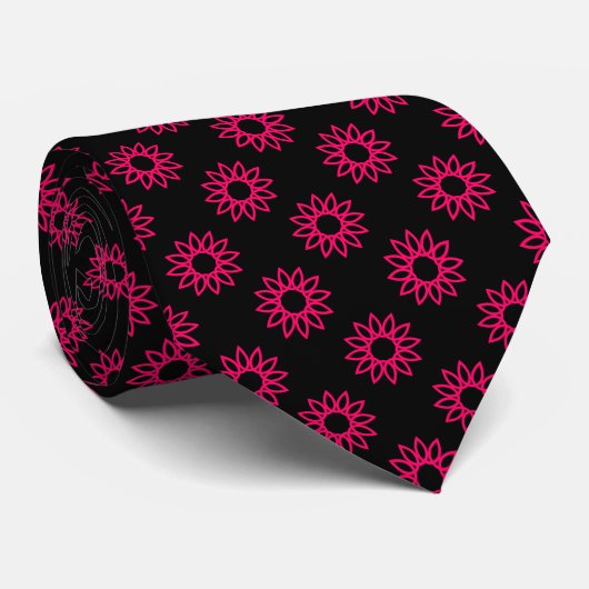 Geometric Flower 01 - Neon Rood op Zwart Stropdas (Opgerold)