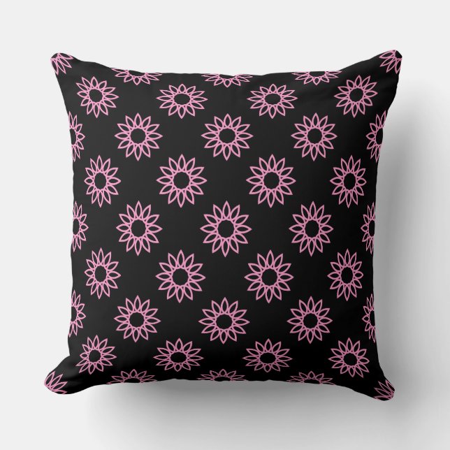 Geometric Flower 01 - Roze op Zwart Kussen (Voorkant)