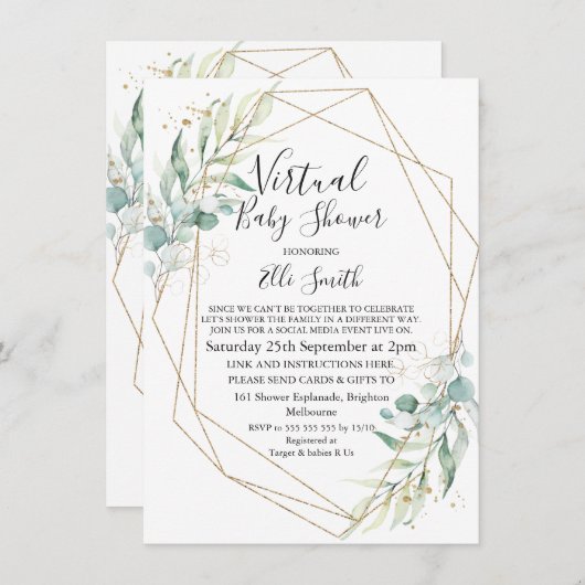 Geometric Foliage Virtual Baby shower Invitation Kaart (Voorkant / Achterkant)