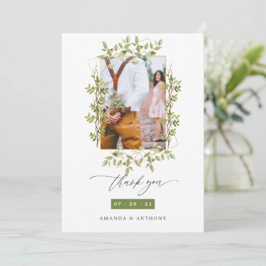 Geometric Forest Greenery Wedding Foto Bedankkaart (Staand voorkant)