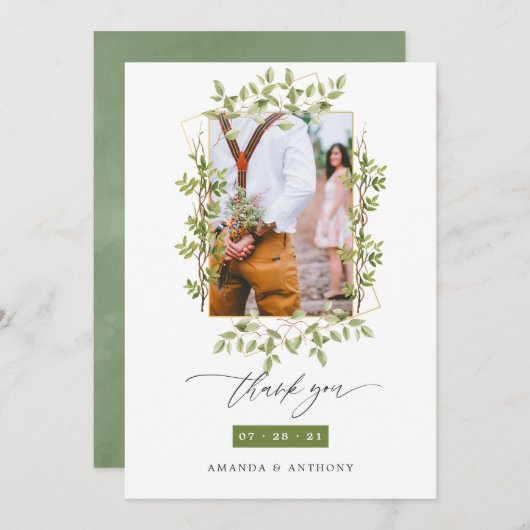 Geometric Forest Greenery Wedding Foto Bedankkaart (Voorkant / Achterkant)