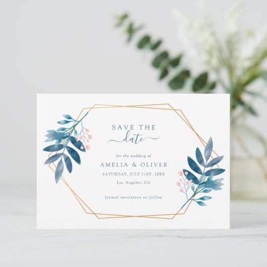 Geometric Frame Dusty Blue Greenery Wedding Save The Date (Staand voorkant)