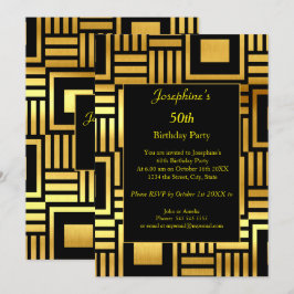 Geometric Gold Black 50th Birthday Party 2 Kaart