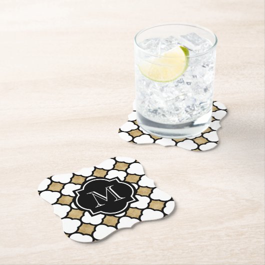 Geometric Gold Black White Quatrefoil Monogram Kartonnen Onderzetters (Insitu)