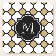 Geometric Gold Black White Quatrefoil Monogram