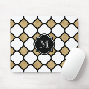 Geometric Gold Black White Quatrefoil Monogram Muismat