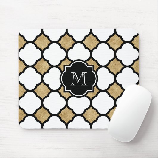 Geometric Gold Black White Quatrefoil Monogram Muismat (Met muis)