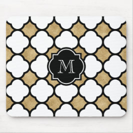 Geometric Gold Black White Quatrefoil Monogram Muismat
