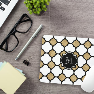 Geometric Gold Black White Quatrefoil Monogram Muismat