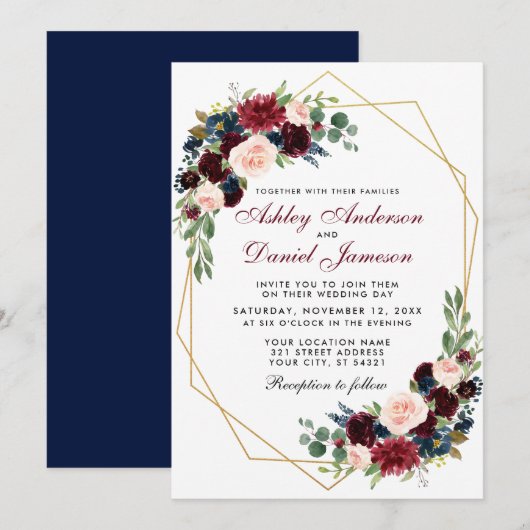 Geometric Gold Blue Burgundy Floral Wedding B Kaart (Voorkant / Achterkant)
