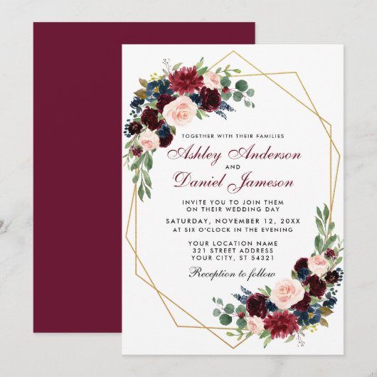 Geometric Gold Blue Burgundy Floral Wedding BR Kaart (Voorkant / Achterkant)