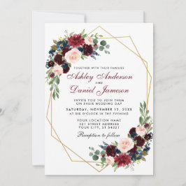 Geometric Gold Blue Burgundy Floral Wedding Kaart