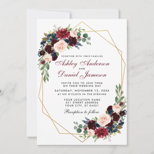 Geometric Gold Blue Burgundy Floral Wedding Kaart (Voorkant)