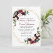 Geometric Gold Blue Burgundy Floral Wedding Kaart (Staand voorkant)