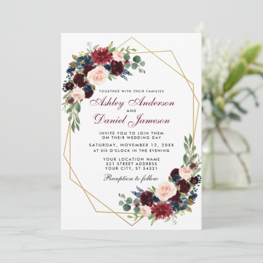 Geometric Gold Blue Burgundy Floral Wedding Kaart (Staand voorkant)
