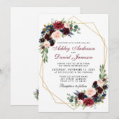 Geometric Gold Blue Burgundy Floral Wedding Kaart (Voorkant / Achterkant)