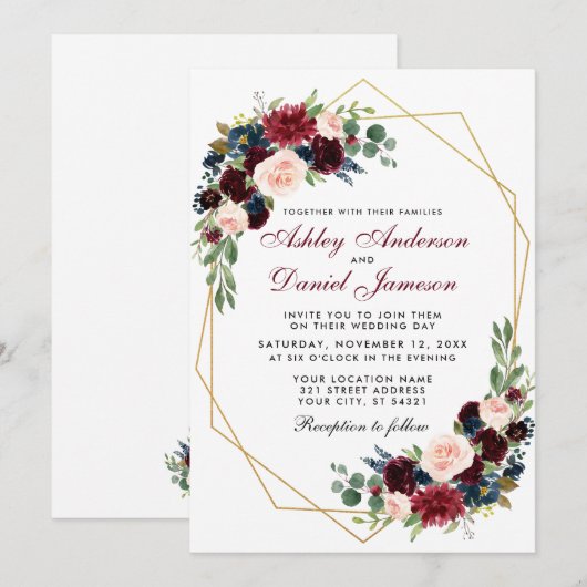 Geometric Gold Blue Burgundy Floral Wedding Kaart (Voorkant / Achterkant)