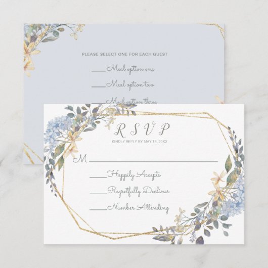 Geometric Gold Blue Florals Food Allgies RSVP Kaart (Voorkant / Achterkant)