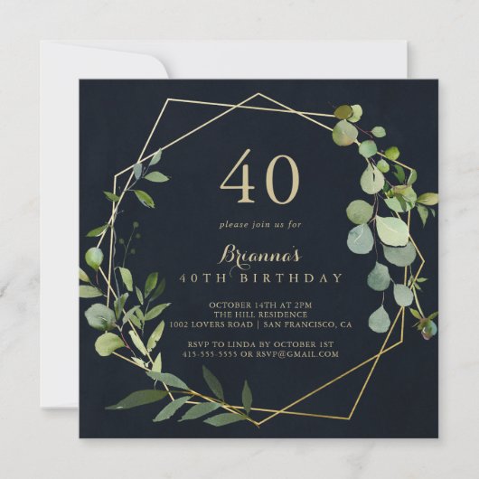 Geometric Gold Blue Green 40th Birthday Party Kaart (Voorkant)