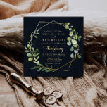 Geometric Gold Blue Green Front & Back Wedding Kaart<br><div class="desc">Deze geometrische goudblauwe groene uitnodiging voor en achter bruiloft is perfect voor een moderne bruiloft. Het ontwerp is voorzien van met de hand geschilderde, mooie groene bladeren tegen een donkerblauwe achtergrond, die een gouden geometrische lijst aanpast. Bespaar papier door meer informatie op de achterkant van de uitnodiging te plaatsen in...</div>