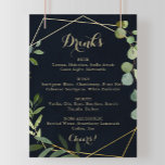 Geometric Gold Blue Green Wedding Drinks Menu Sign Poster<br><div class="desc">This geometric gold blue green wedding drinks menu sign is perfect for a simple wedding. The design features hand-painted beautiful green leaves in a dark blue background,  adorning a gold geometric frame.</div>
