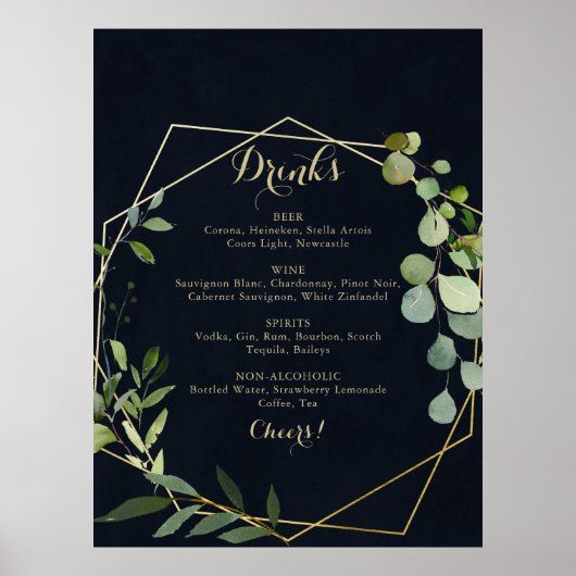 Geometric Gold Blue Green Wedding Drinks Menu Sign Poster (Voorkant)