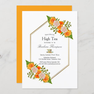 Geometric Gold Blush Oranje Floral Bridal High Tea Kaart