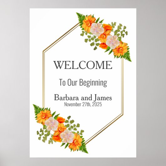 Geometric Gold Blush Oranje Floral Wedding Poster (Voorkant)