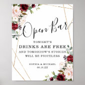 Geometric Gold Burgundy Blush Floral Open Bar Sign Poster (Voorkant)