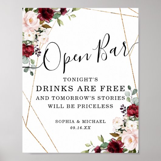 Geometric Gold Burgundy Blush Floral Open Bar Sign Poster (Voorkant)
