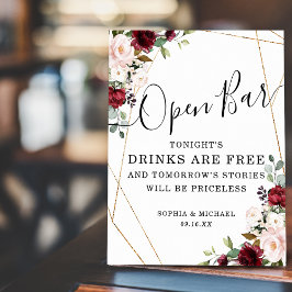 Geometric Gold Burgundy Blush Floral Open Bar Sign Poster