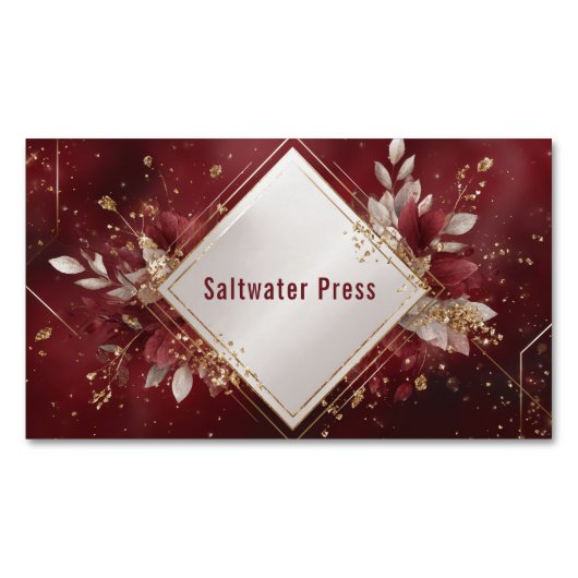Geometric Gold Diamond Frame Burgundy Floral Magnetisch Visitekaartje (Voorkant)