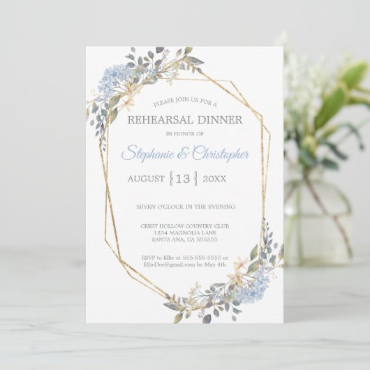 Geometric Gold Dusty Blue Florals Rehearings Dinne Kaart (Staand voorkant)