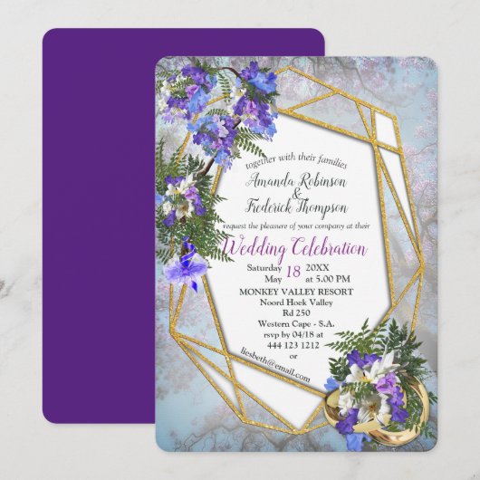 Geometric Gold en Jacaranda Flowers Wedding Kaart (Voorkant / Achterkant)
