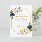 Geometric Gold Floral Blue Pink Photo Weddenschap Kaart (Staand voorkant)