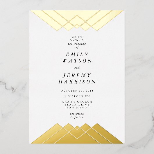 Geometric Gold Gatsby Wedding geperst Folie Uitnodiging (Voorkant)