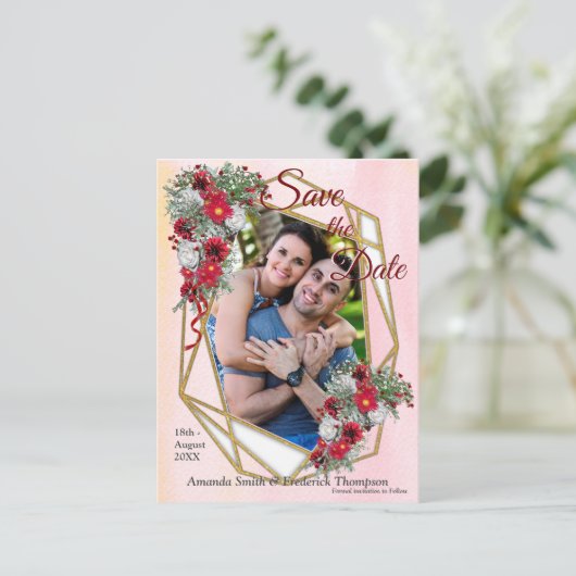 Geometric - Gold Glitter Burgundy Bouquets Aankondigingskaart (Staand voorkant)