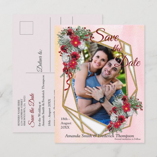 Geometric - Gold Glitter Burgundy Bouquets Aankondigingskaart (Voorkant / Achterkant)