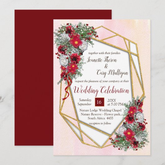 Geometric Gold Glitter Burgundy Flowers Kaart (Voorkant / Achterkant)