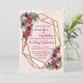 Geometric Gold Glitter Burgundy Flowers Kaart (Staand voorkant)